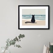 海を眺める黒猫｜穏やかな海辺に佇む可愛いシルエットアート｜静けさと物語を添える癒しの一枚｜｜A2ポスター