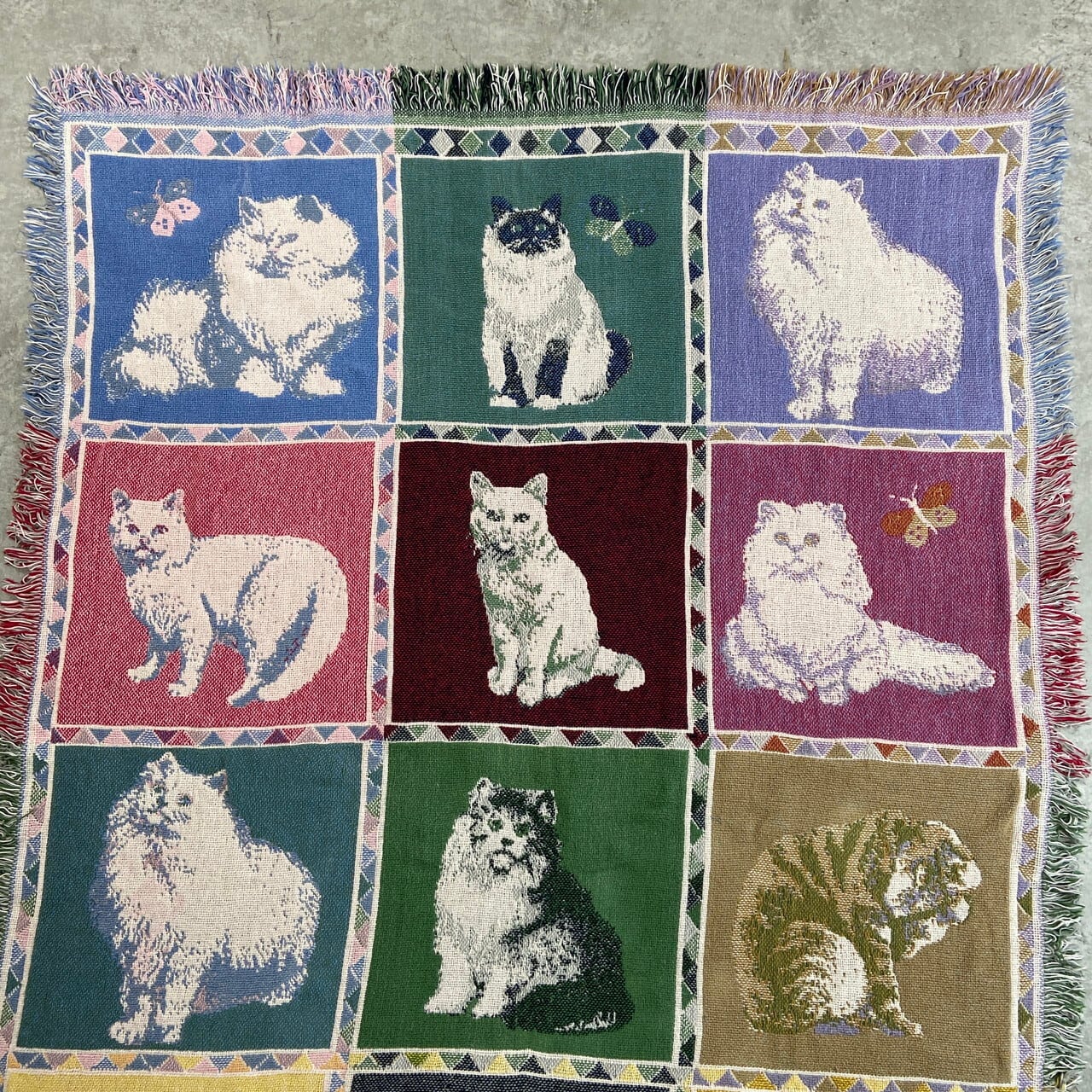 90年代頃 ヴィンテージ 猫柄 ジャガード織 ラグ スローケット 123×156