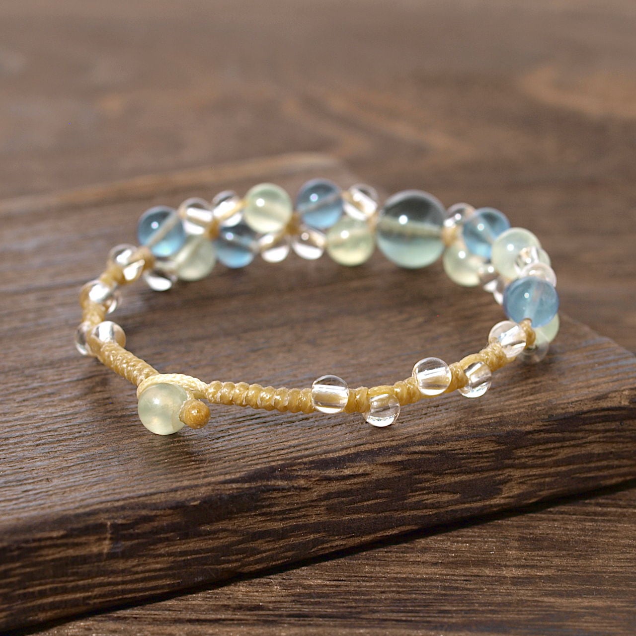 限定】ブルーグリーンフローライト＋プレナイト＋水晶マクラメ