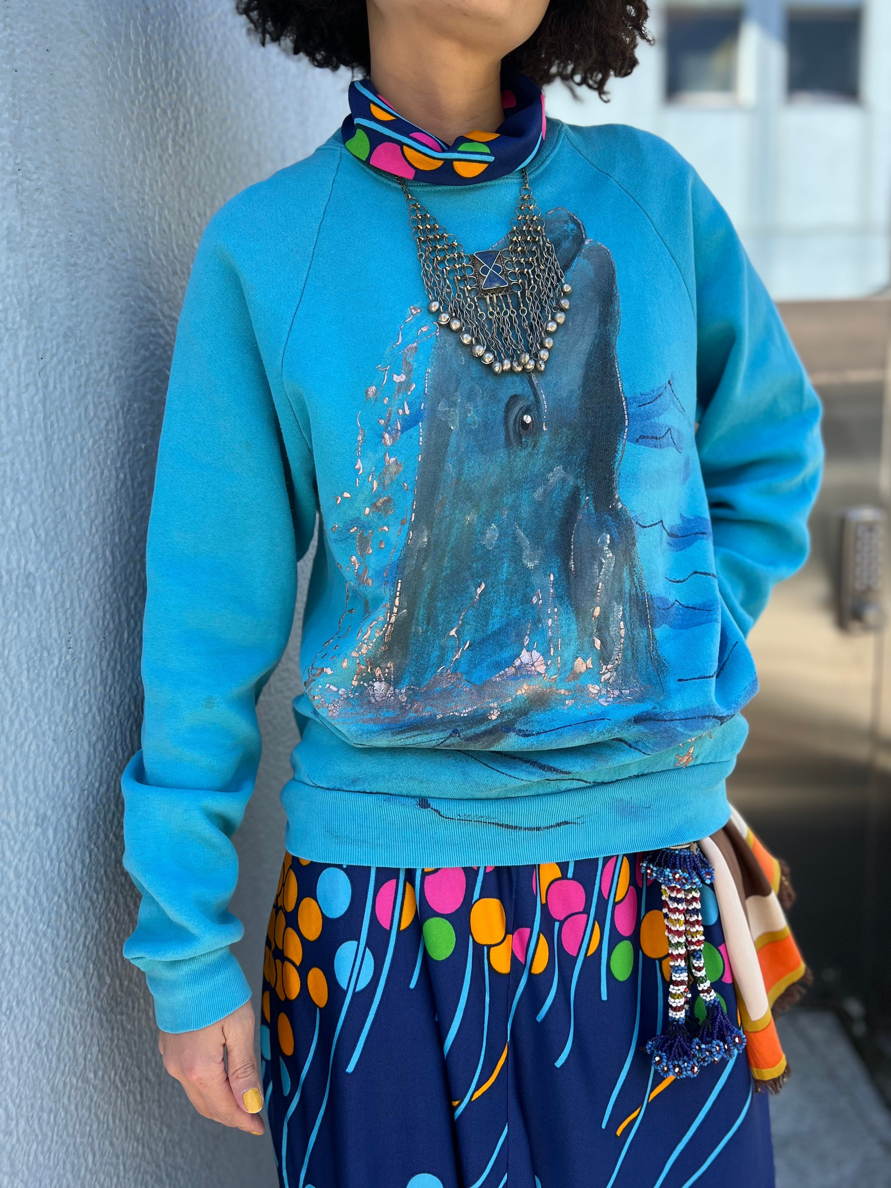 Vintage whal handpaint turquoise sweat ( ヴィンテージ くじら