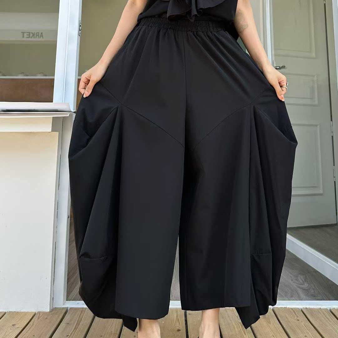 ASYMMETRIC PLEATED WIDE LEG CROPPED PANTS M-17719