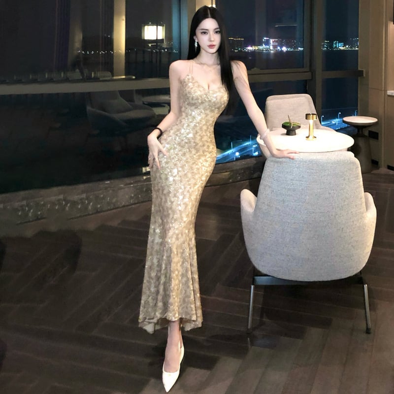 Lady's coco ロングドレス キャバドレス セクシー バックレス スパンコール マーメイドワンピ 交差ストラップ パーティー 二次会 JC2-XHY919310