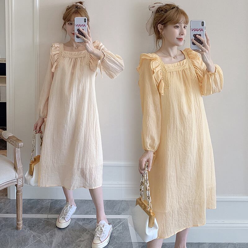 【新作】【送料無料】 656＃マタニティ服春秋コットン長袖ルーズ無地ドレス妊婦ママドレス ロング スプリング 春物 オータム 秋物 ソリッドカラー AL expec339317202575