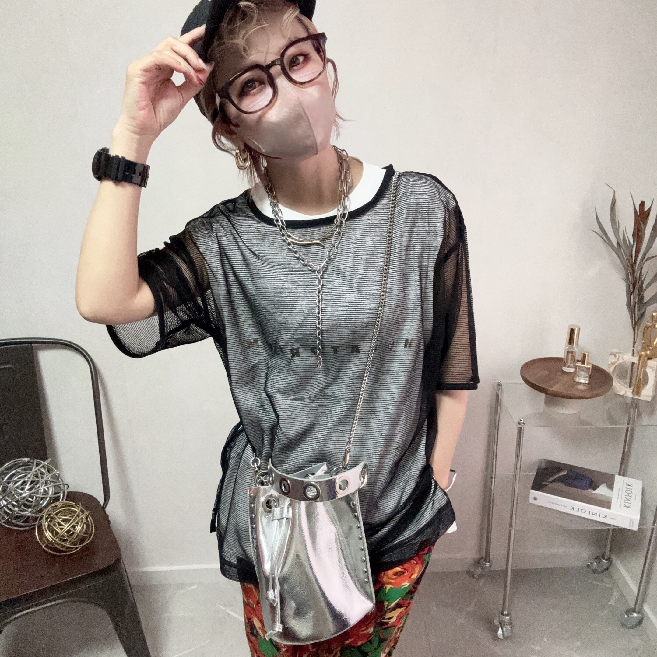 side slit sheer stripe tee【black】