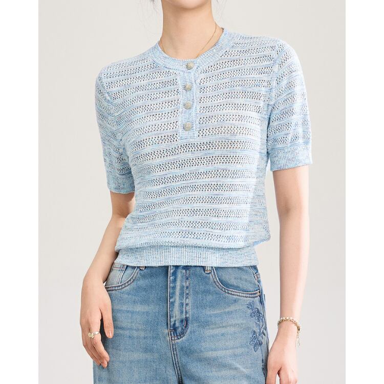 Openwork Stripe Knit Short Sleeve Top 2Colors 2604003