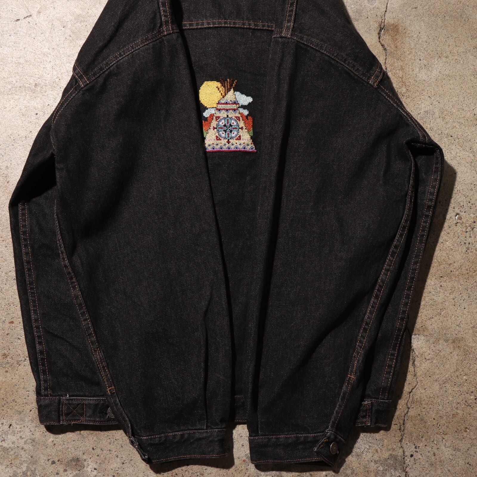 美品 S OLD GAP 先染め USA バック刺繍 ブラックデニムジャケット 