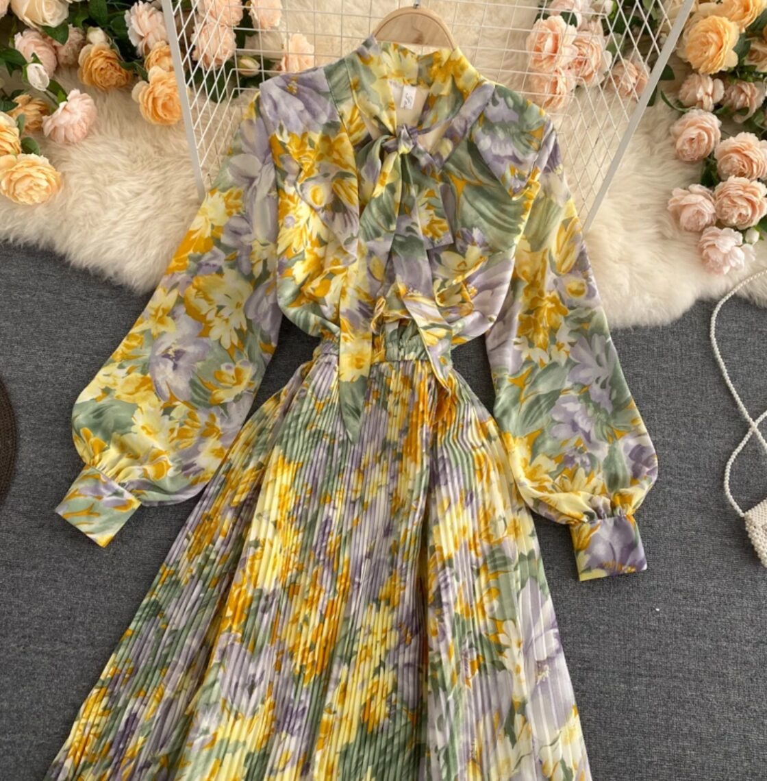 ワンサイズ ボタニカル 花柄 イエロー レディース ロングワンピース 