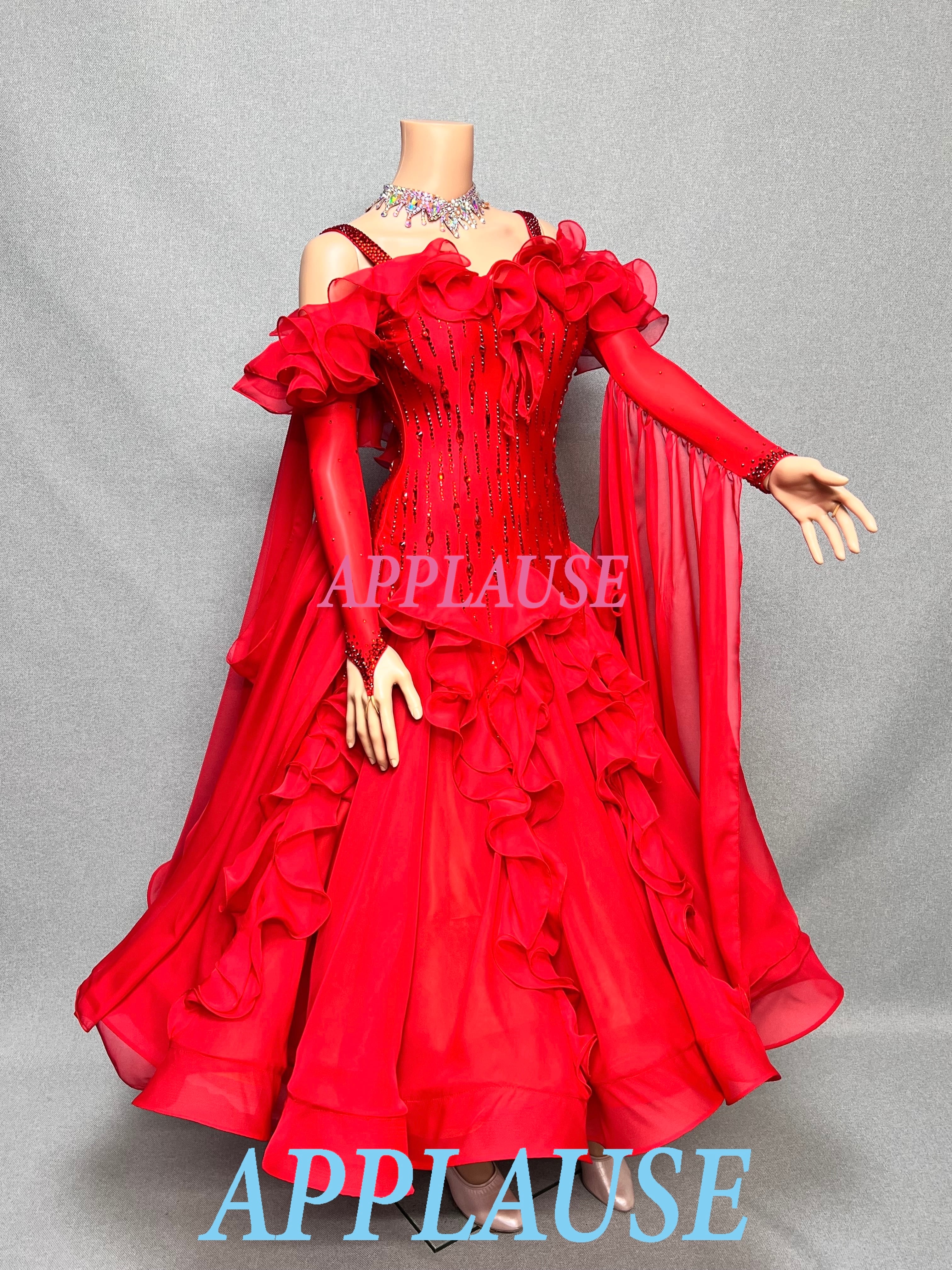 【新着】社交ダンス ドレス　モダン　スタンダード ドレス　　 ST-26-7　　レッド（フリル）　M　デモ・競技用ドレス　発表会　衣装　パーティドレス　ワンピース　舞台衣装