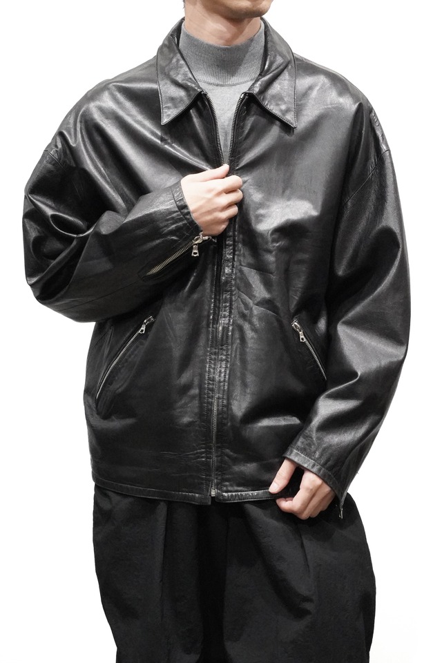 90's "SERAPHIN" Black Color Lamb Leather Zip-Up Short Jacket Made in FRANCE