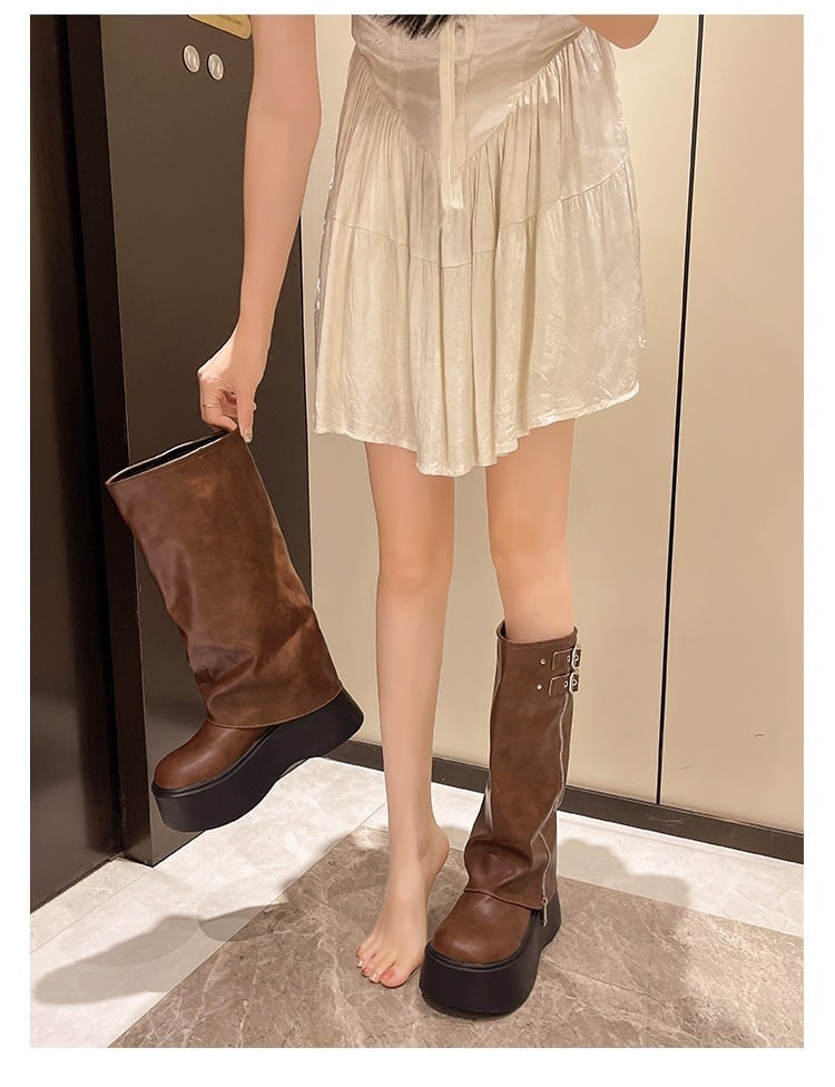 ベルト付 厚底 ロングブーツ プラットフォーム カジュアル 2色 2色♡ベルトデザイン厚底ロングブーツ | selectshop.selepuu