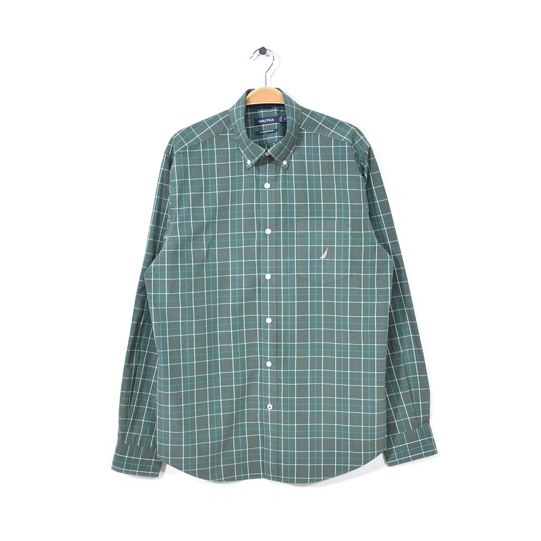 ノーティカ ボタンダウンシャツ BDシャツ グリーンベース SANDED POPLIN サイズM NAUTICA 古着 @CA1094