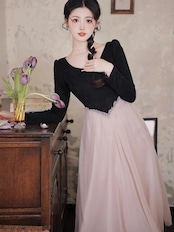 【0099】Simple Docking Tulle Long Sleeve Dress