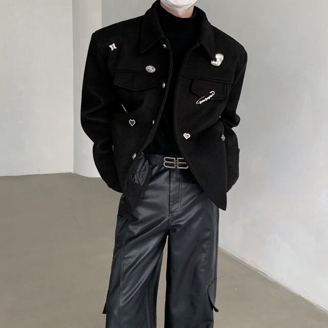 【予約販売】コート メンズ ジャケット シンプル アウター ブラック 黒 モチーフ ショート丈 防寒 お洒落 こなれ感 トレンド 韓国 秋冬 大きいサイズ M/L/XL/2XL/3XL