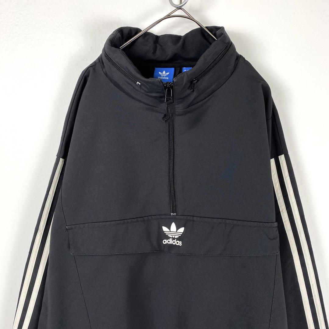 L 古着 adidas センターロゴ ハーフジップ アノラックパーカー 黒 L