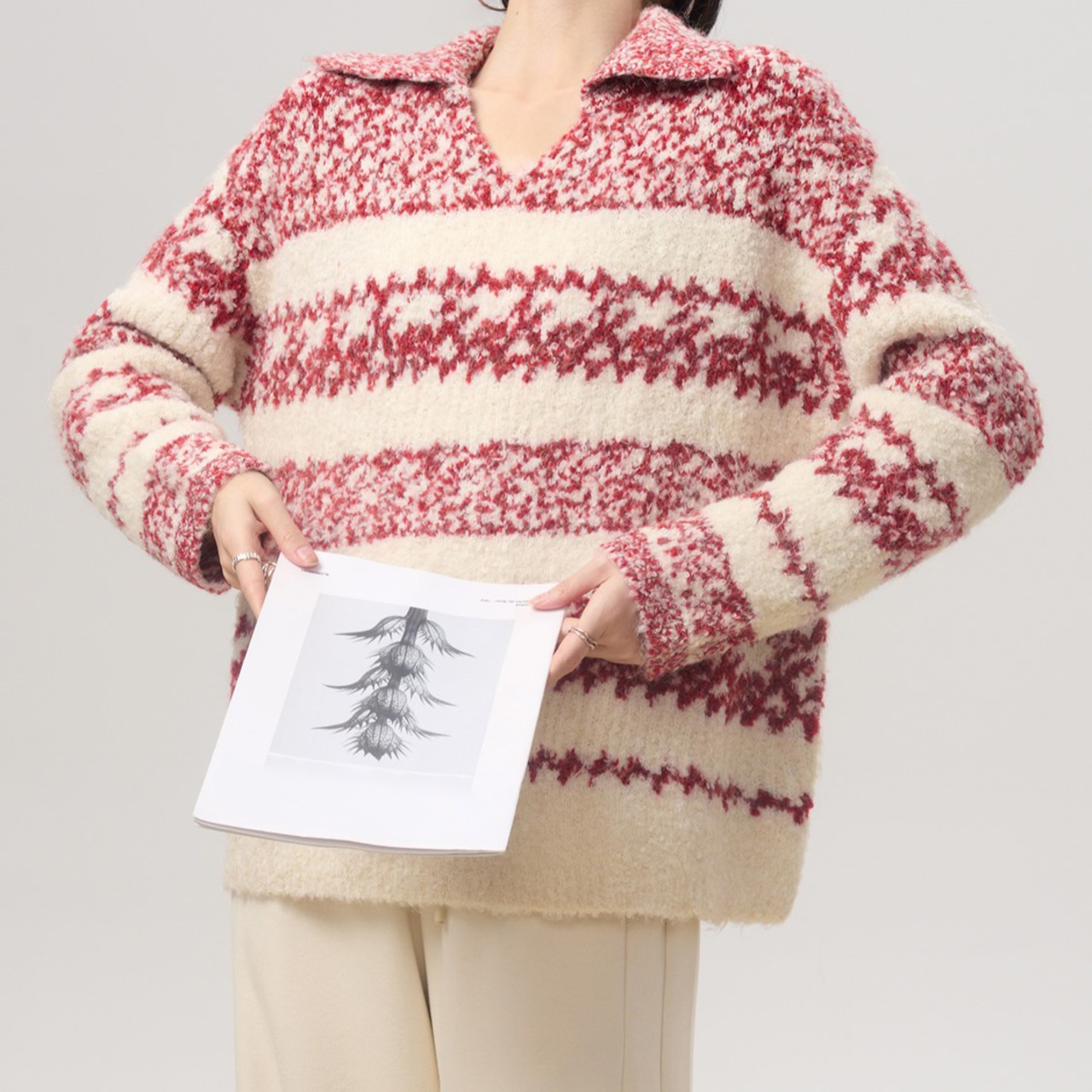 フェアアイル柄ボーダージャカードVネックニット H0063