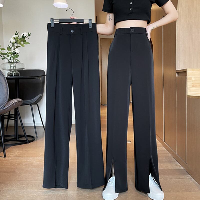 スプリングオータムブラックルーズ薄手ハイウェストウェストカジュアルパンツ 春物 秋物 スーパーモール17981970273