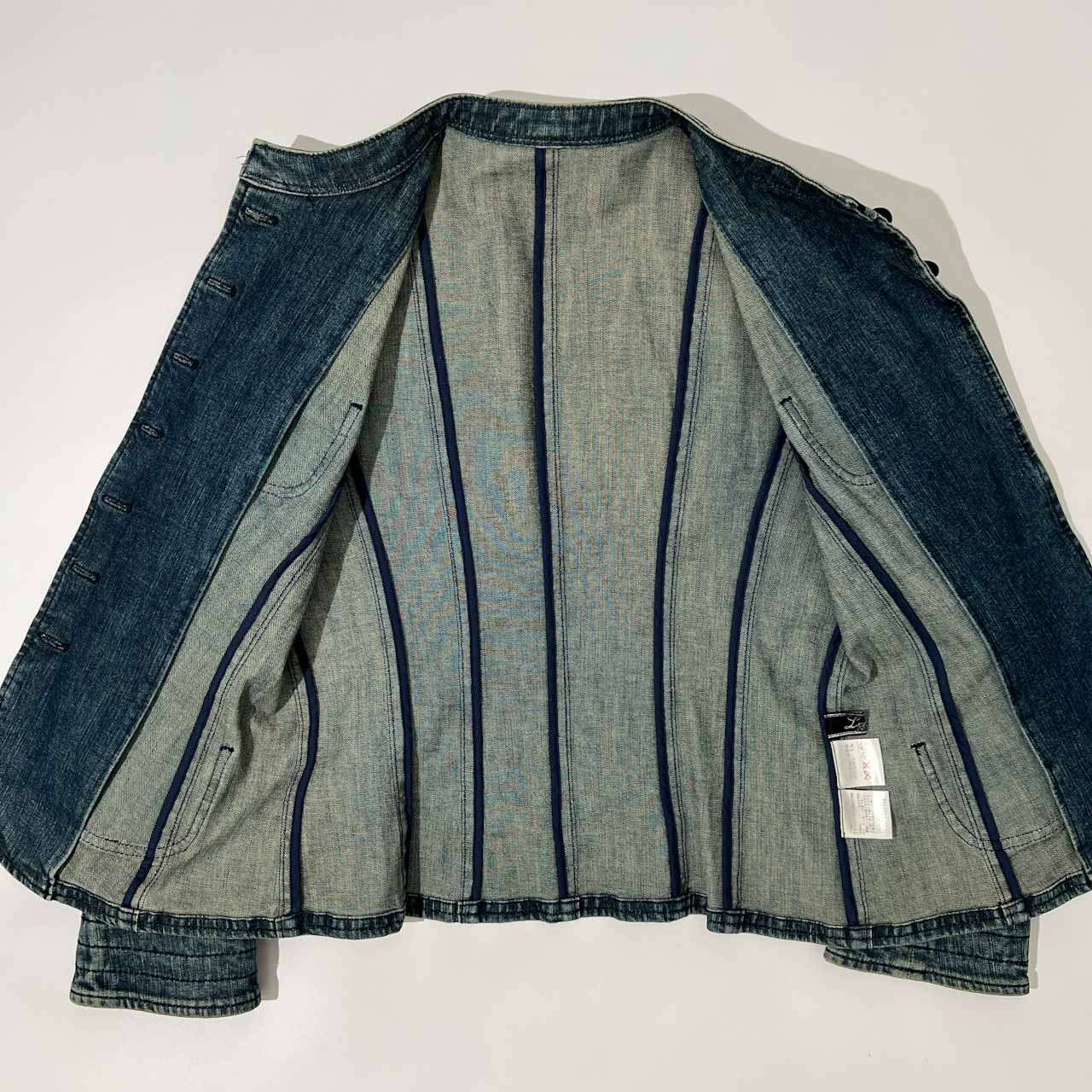 Leilian レリアン ノーカラー デニム ジャケット サイズ 9 /ベロアくるみボタン/インディゴ/レディース