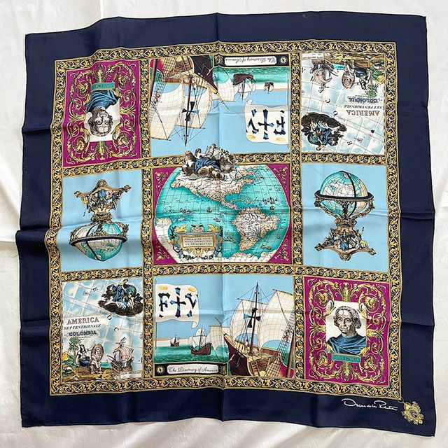 スカーフ　シルクスカーフ カレ　コロンブス Oscar de la Renta　アメリカ大陸発見 12acdg13