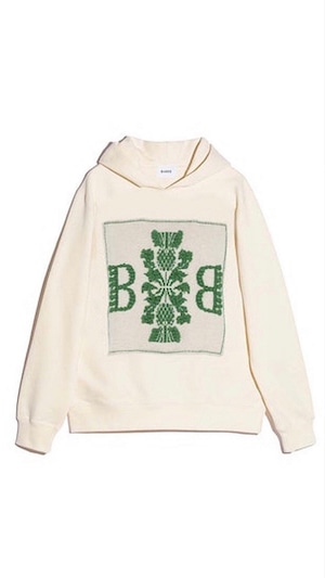 BARRIE -Cotton hooded sweatshirt with cashmere Barrie logo patch- : IVORY / GREEN