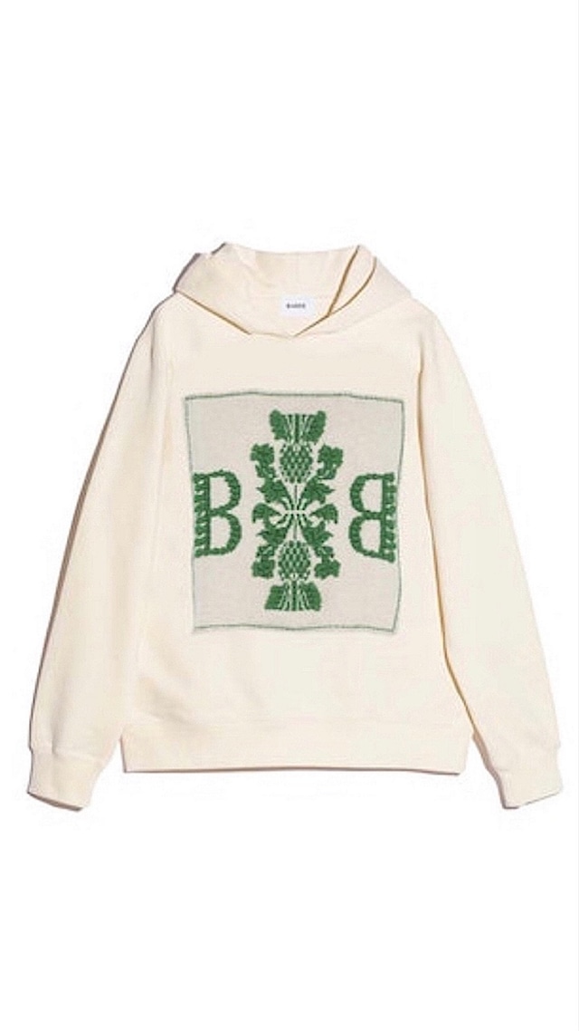 BARRIE -Cotton hooded sweatshirt with cashmere Barrie logo patch- : IVORY / GREEN