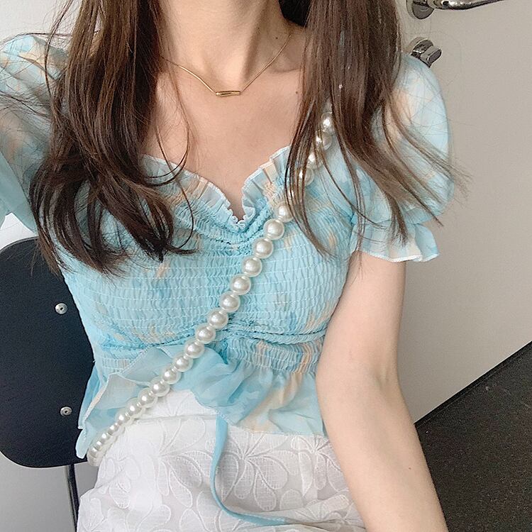 ギャザートップス レディースサマーショートスリムスリーブブラウス 夏物 スクウェア ビッグFスモールZ韓国98515726304