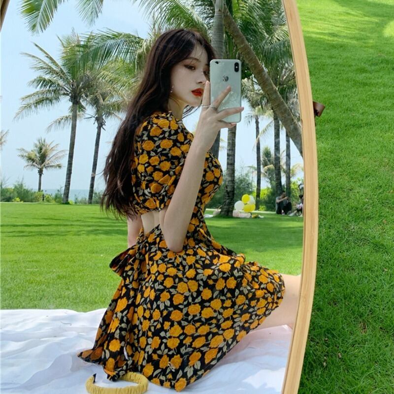 ウエストの薄いドレスの女性の2020年夏の新しい半袖フローラルスカート気質ハイウエストAラインスカートを示すように注意してください 1号婦人78015445327