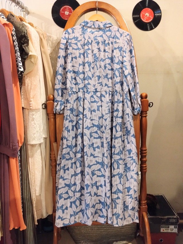 ブルーストライプ椿柄レトロワンピース/ニュールック日本製古着服NEWLOOKMADEINJAPAN