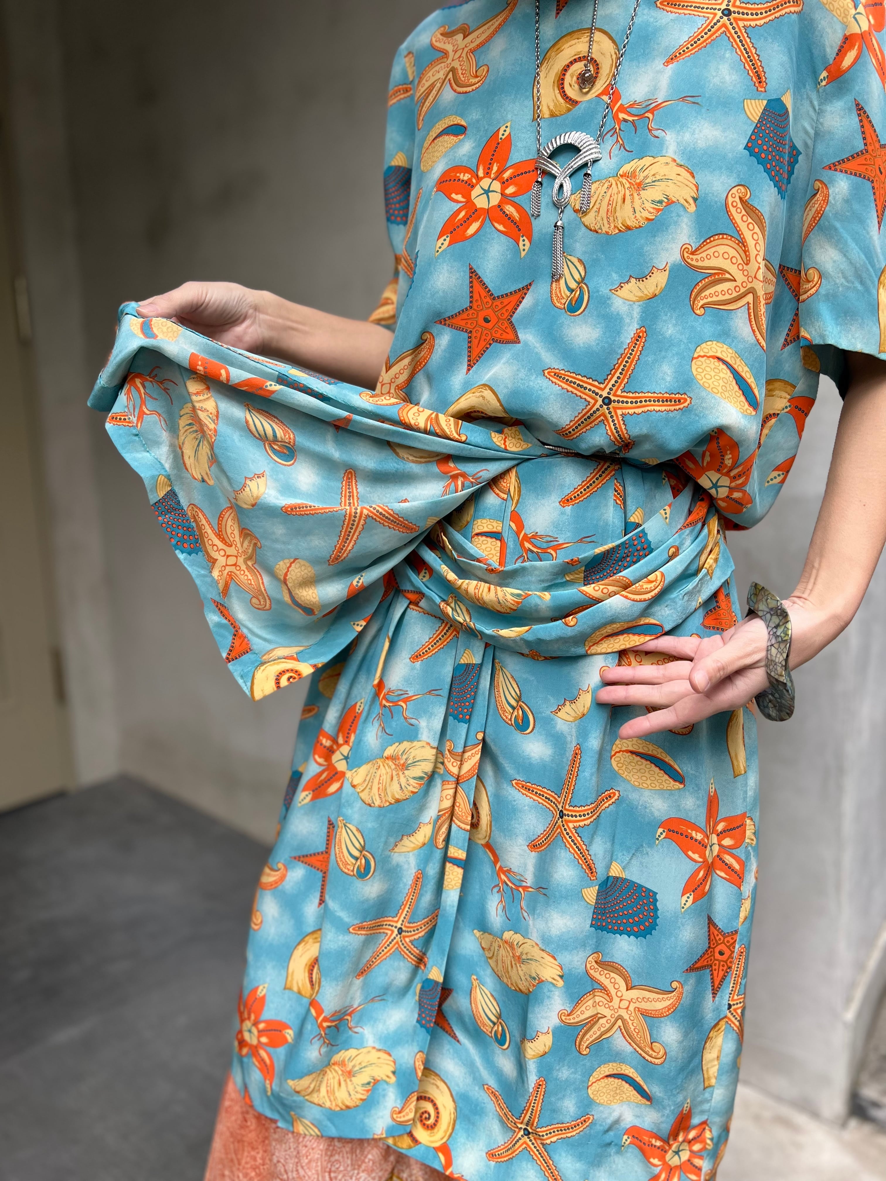 ヴィンテージビンテージvintageシルクビーズワンピース 80s skyblue × shell silk dress ( ヴィンテージ スカイブルー