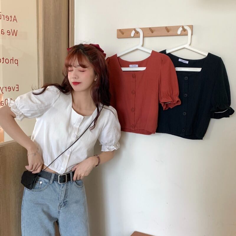 シャツの女性2020年夏の新しい香港スタイルのレトロな宮殿Yanfeng気質スクエアネックスリム半袖シャツトップ 1号婦人40245491100