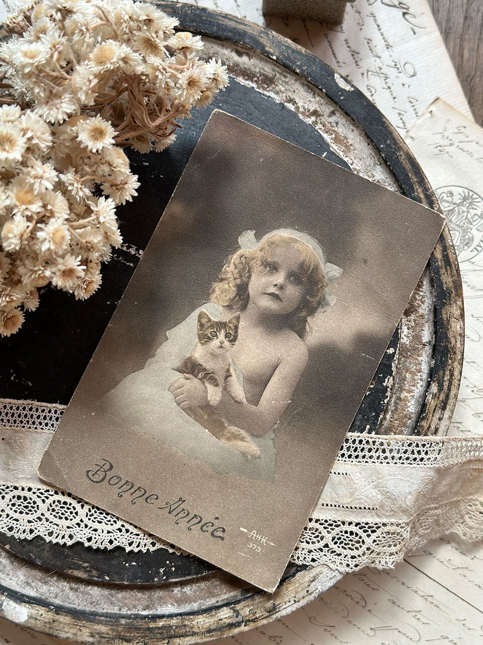 専用ページフランスアンティークポストカード ビスクドールと女の子 - 写真