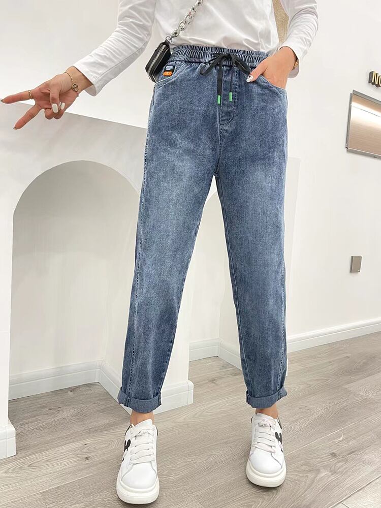 ストレッチウェストジーンズ スプリングルーズパンツ 薄手 エラスティック 伸縮 大きめサイズ 春物 ミックスインファッション3417396869