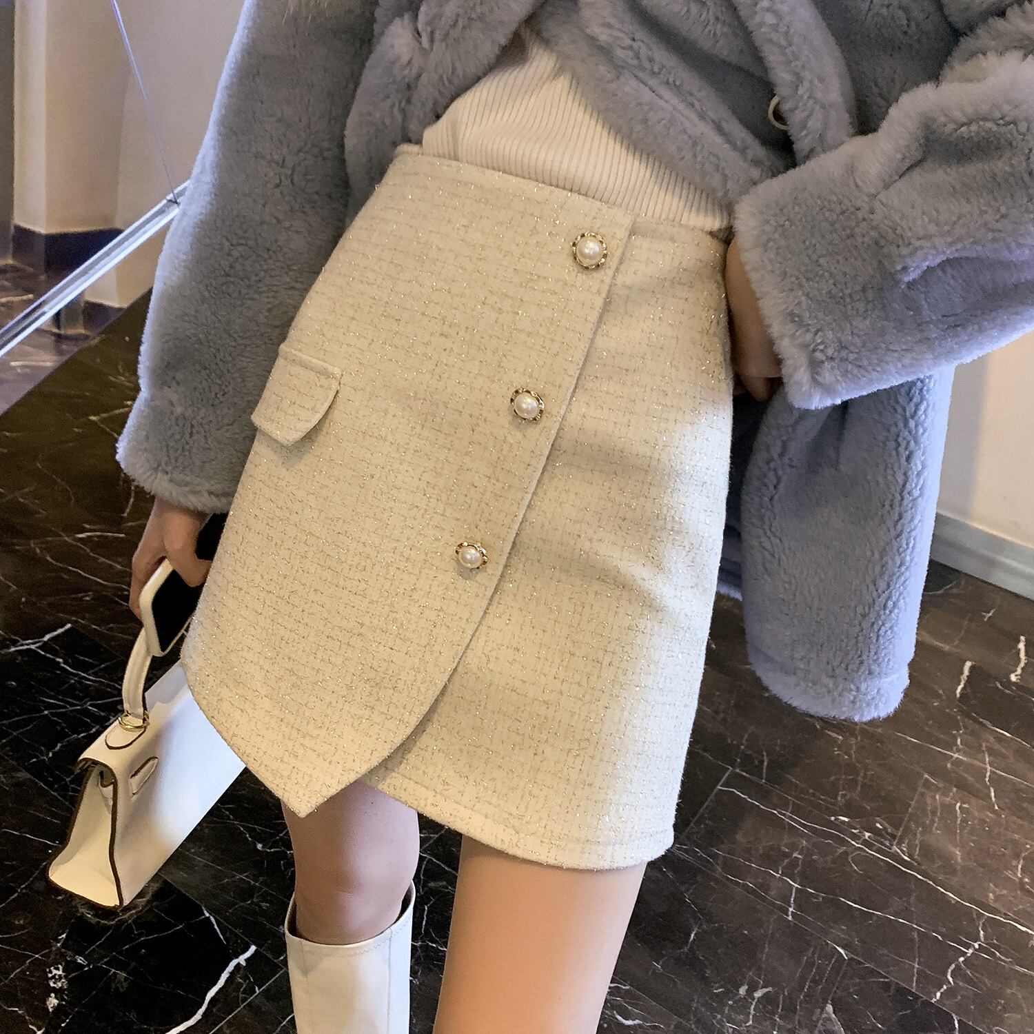 オータムウィンタースタイルハイウェストウェストスカート ツィード 秋物 冬物 シルク 6Du_Shop_Women2096801630