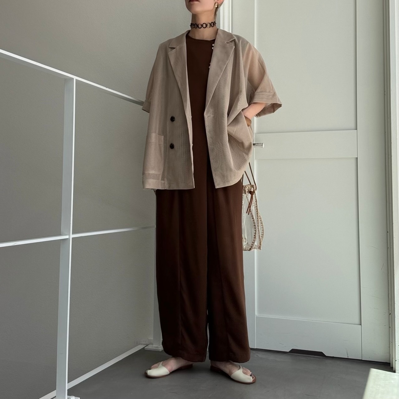 メッシュハーフ袖テーラードJK/ベージュ