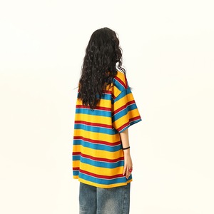 WILDAZIレインボーカラー縞模様半袖Tシャツ