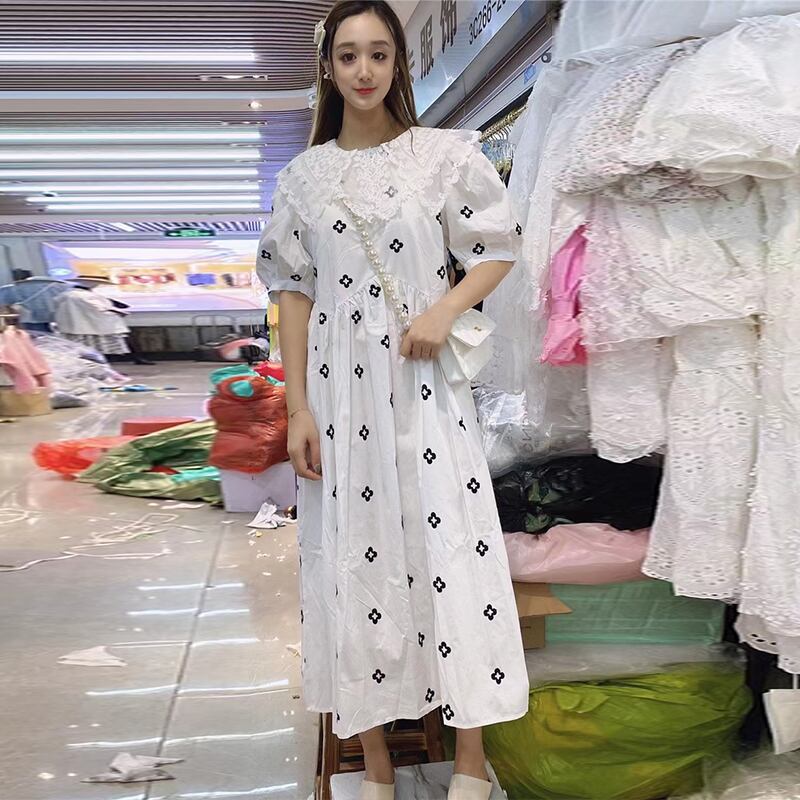 サマードレス カラー半袖スリーブフローラルスカート ルーズ ハーフスリーブ 大きめサイズ 夏物 花柄 ミックスインファッション12022229148