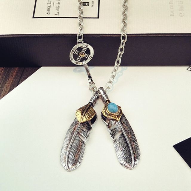 【BISITE】ターコイズクロスダブルフェザーネックレス ペンダント / Turquoise Cross Double Feather Necklace (DCT-543987144907)