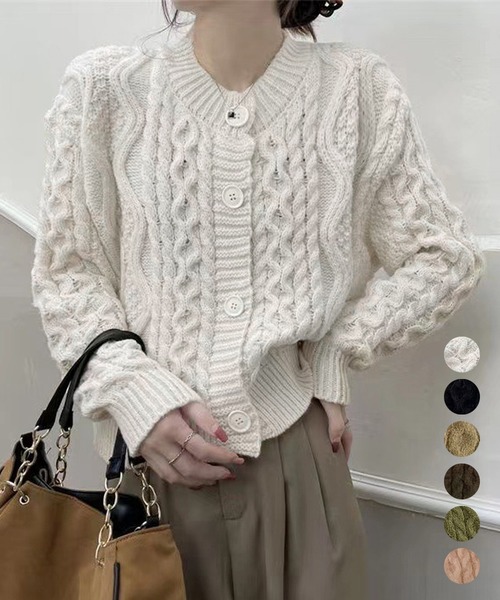 ◆ 暖かいケーブル編みニットカーディガン