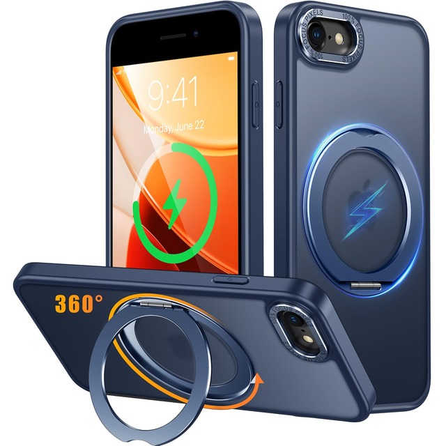Gunwon iPhone SE3/SE2/8 用 ケース Magsafe対応 ワイヤレス充電 360°回転スタンド 縦横両対応 耐衝撃「ブルー」