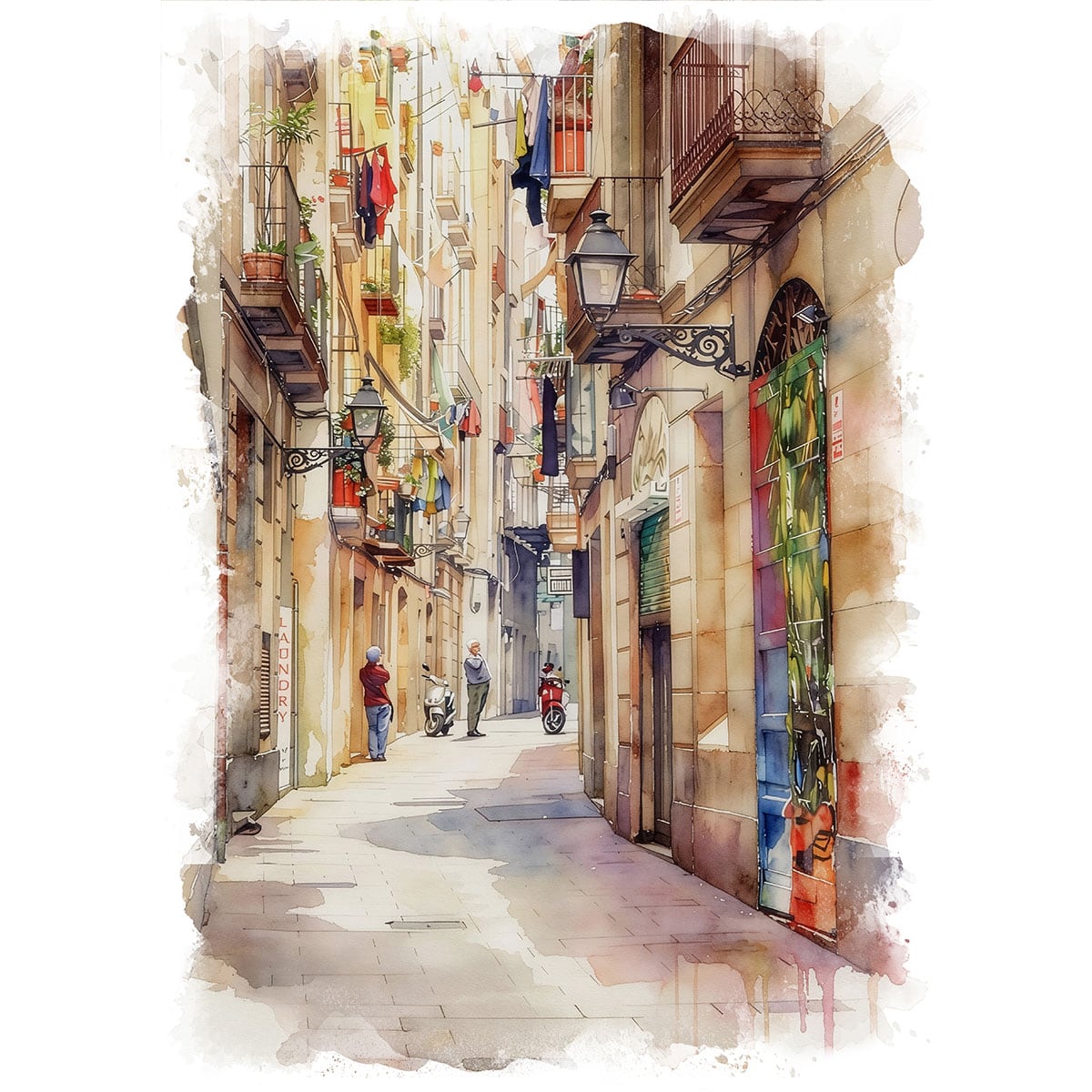 絵画 風景画(街並み) スペイン バルセロナの路地 インテリアアート額