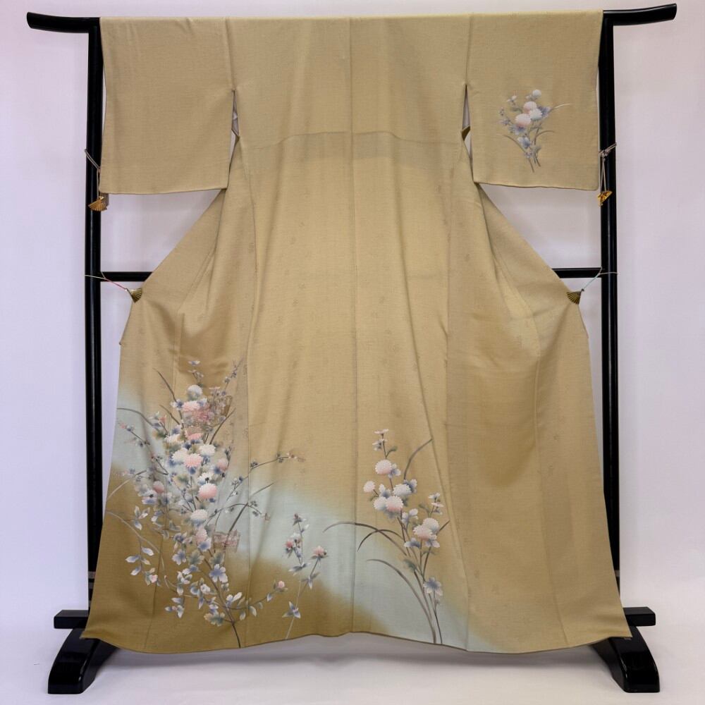 訪問着 付け下げ 黄緑 刺繍 花柄 裄64.4cm M サイズ 礼装 正絹 結婚式 6321