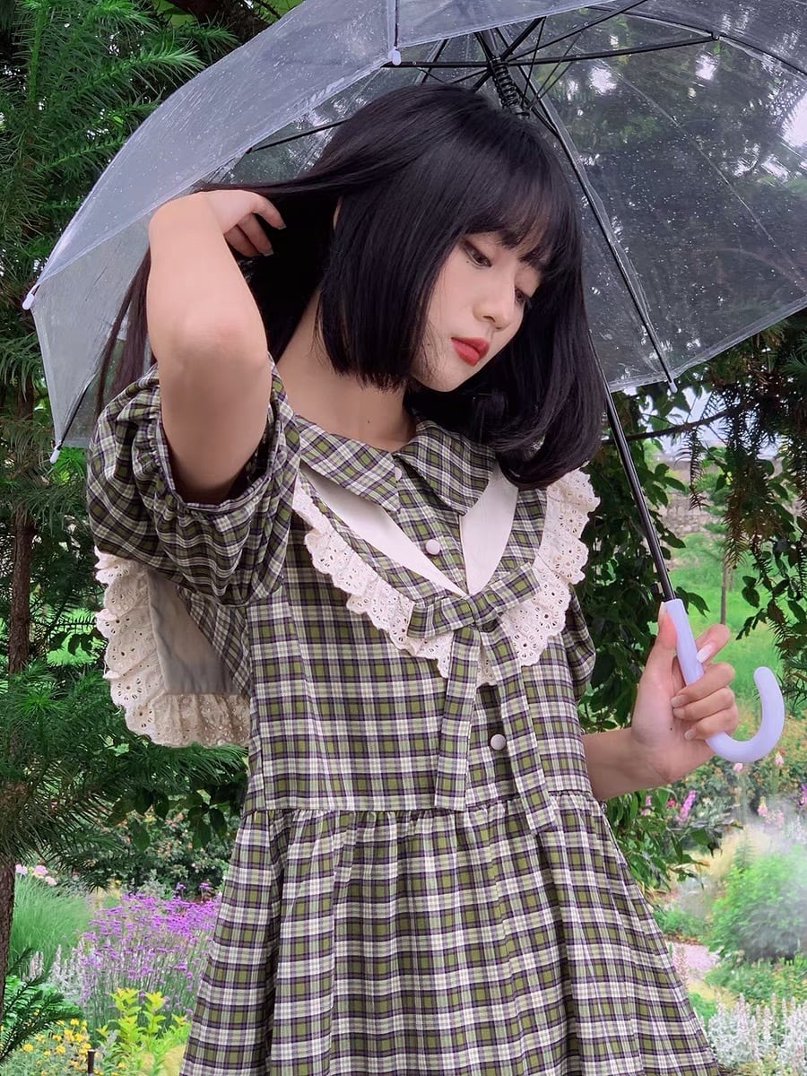 ワンピース 緑 リボン チェック 古着 マキシ ゆったり ワンピース 赤