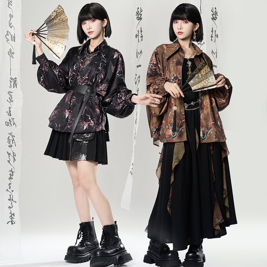 サブカル系 チャイナ風 シャツ 長袖  獅子舞 男女兼用 スタイリッシュ 大人増し 卿棠