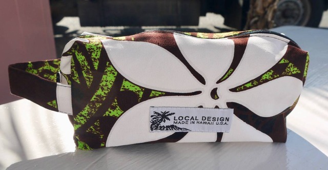 ★ハワイ直輸入★ハワイアン ハンドル ポーチ／ハワイアンファブリック／ペンポーチ/made in hawaii＜ブラウン系 ティアレ 48＞