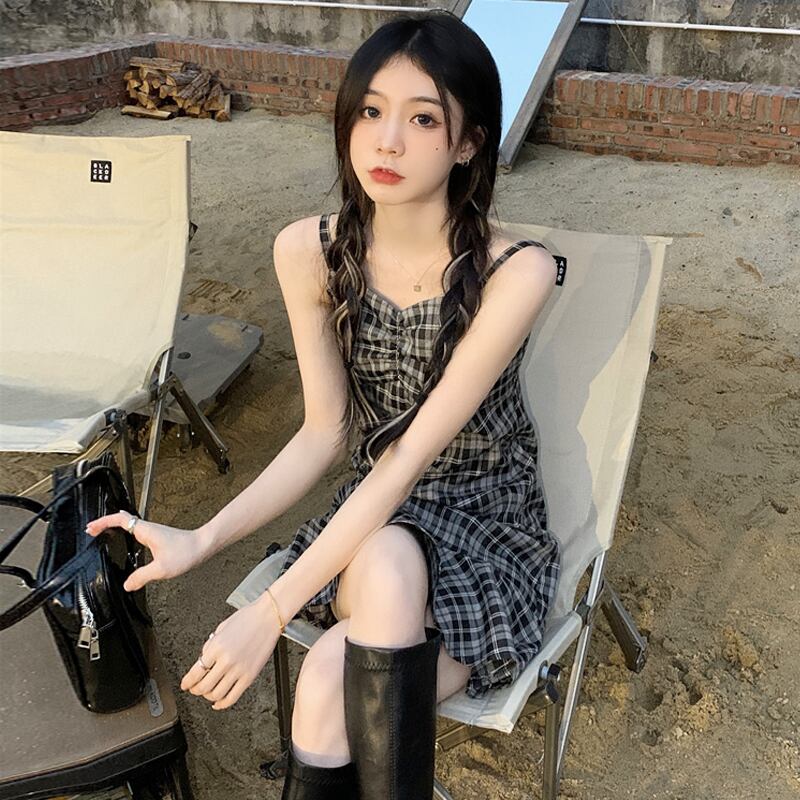 スタンダード格子柄ドレス サマーウェスト薄手スカート レトロ 夏物 試着室99198978616