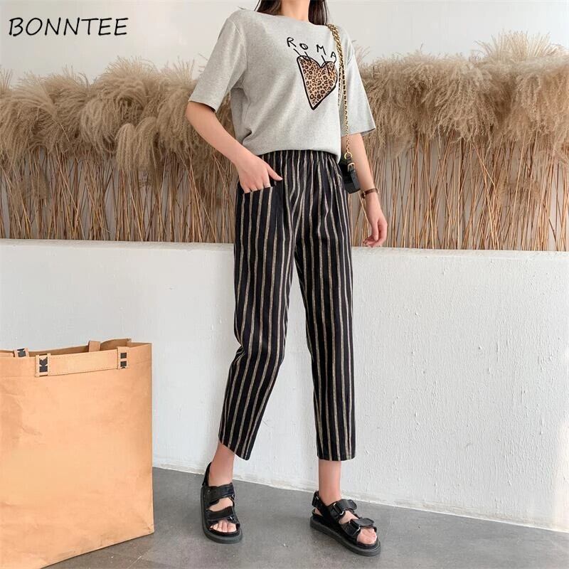 【新作】【送料無料】 足首丈パンツ女性夏ストライプデイリーカジュアル通気性原宿韓国スタイルファッション弾性ウエスト人気のオールマッチ 0246738330548