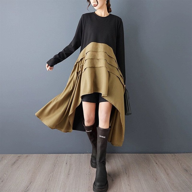 PLEATS STITCH A-LINE HIGH-LOW DESIGN LONG SLEEVES T-SHIRT 2colors M-15356