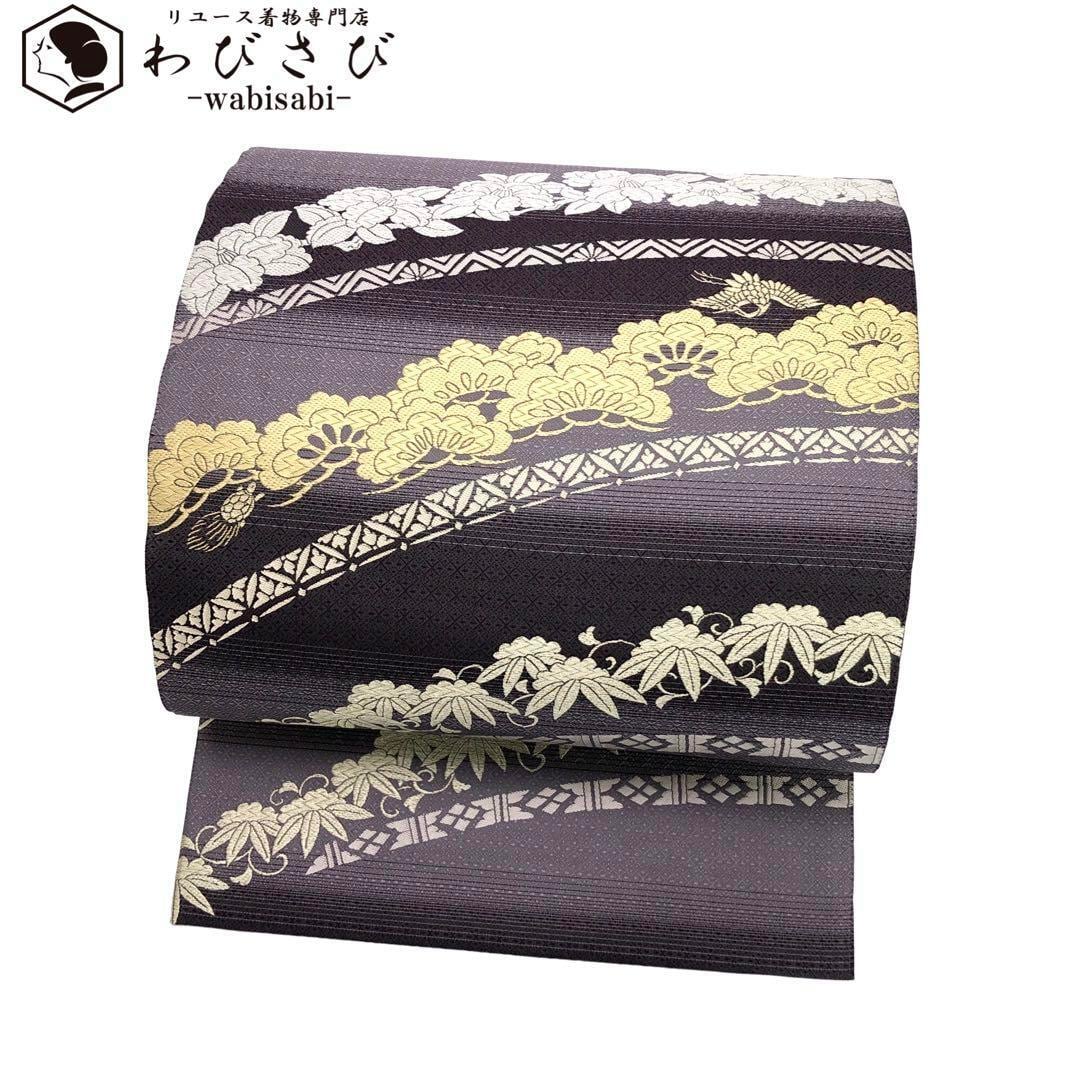 O-2752 袋帯 三眠蚕糸 リバーシブル 鶴亀 松 椿 笹 紫色 | リユース着物専門店 わびさび