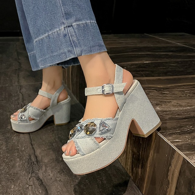 denim-like rhinestone platform sandals m0437