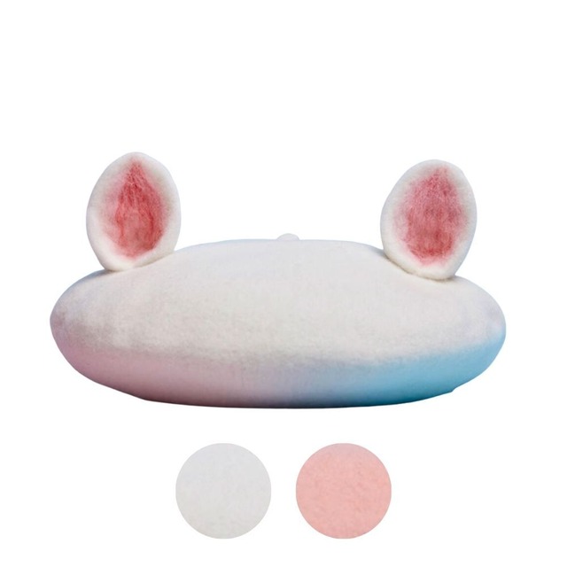 白猫、ピンク猫耳付ウールフェルトベレー帽　E00285