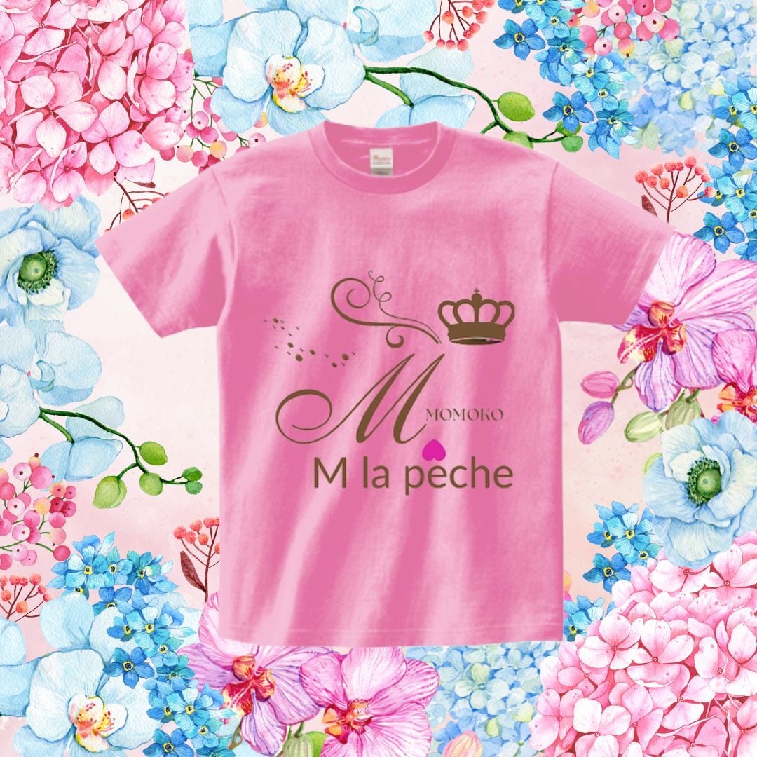 ゆったりめ「ベーシックTシャツ」クラウン柄 カラー ピンク 茶色文字